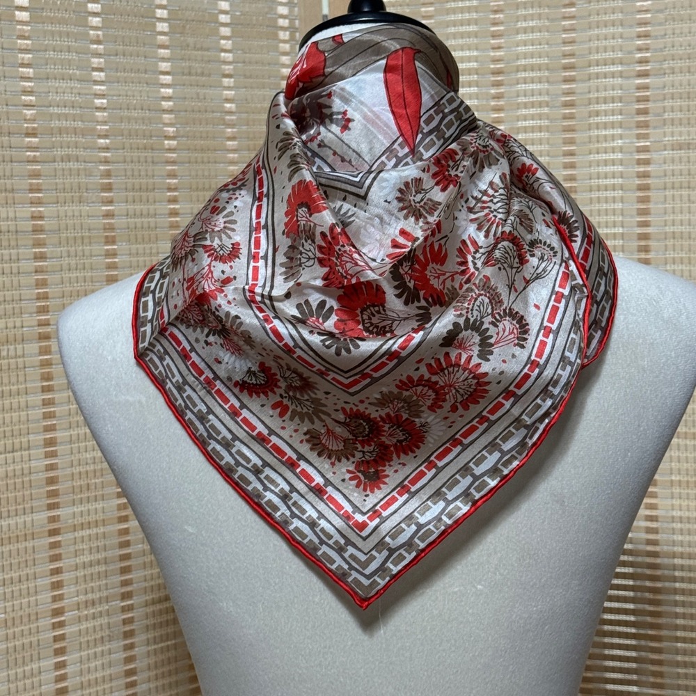 Echo Triangle Pure Silk Hand Printed Floral Square Scarf Red Taupe 27.5in
